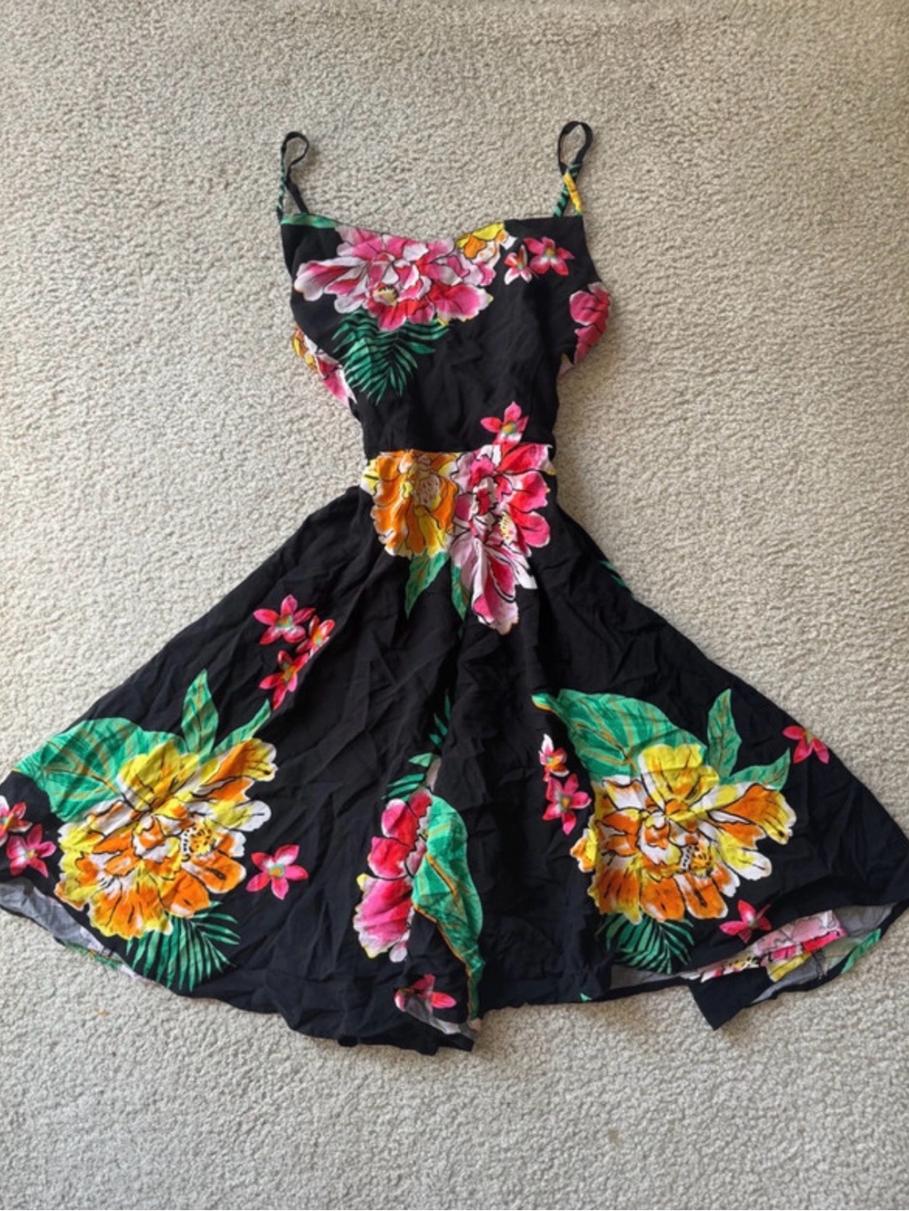 Old Navy Black Midi Dress with Pink & Yellow Floral Print sexy fit flare